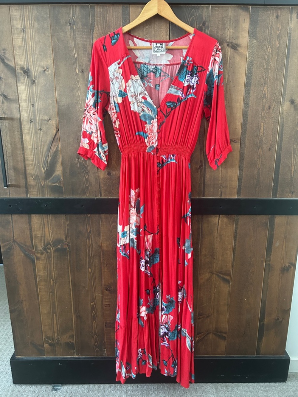 Jaase Red Floral Button Down Maxi Dress Women’s Size L